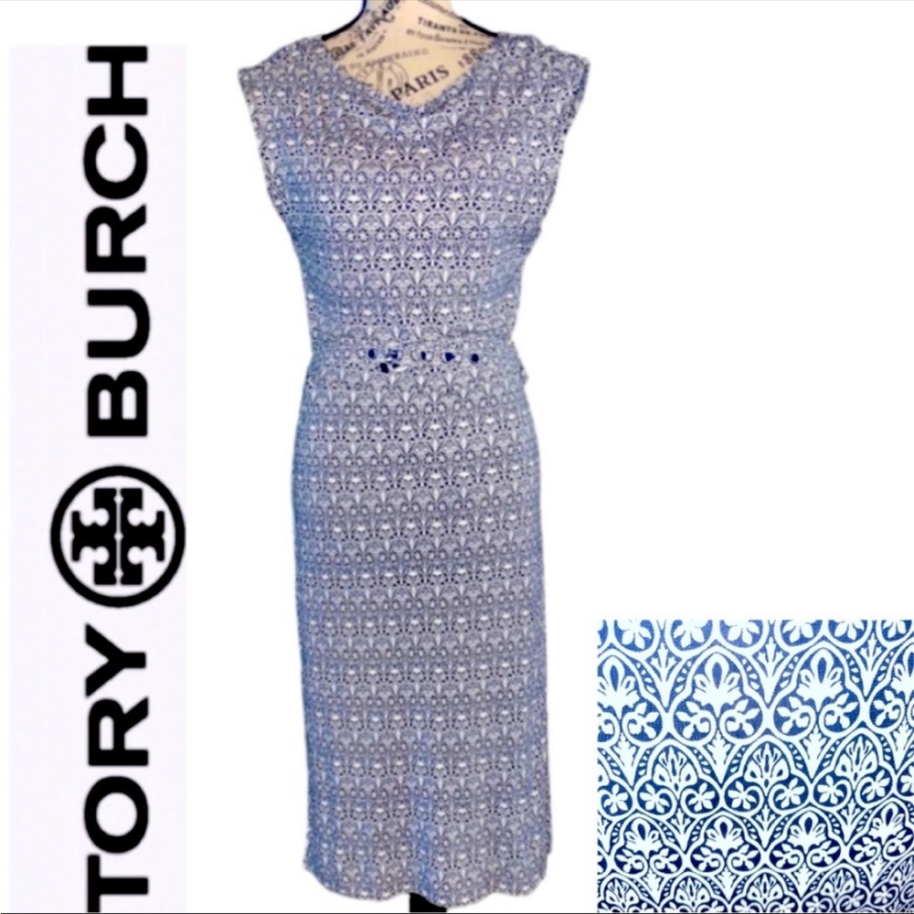 Tory Burch Vintage Midi Dress Navy Ivory Belted Floral Print Size Small
